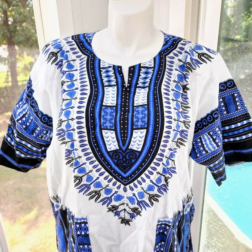Blue & White Traditional Print Short Sleeve Cotton Dashiki Tunic Shirt Unisex - Picture 3 of 15